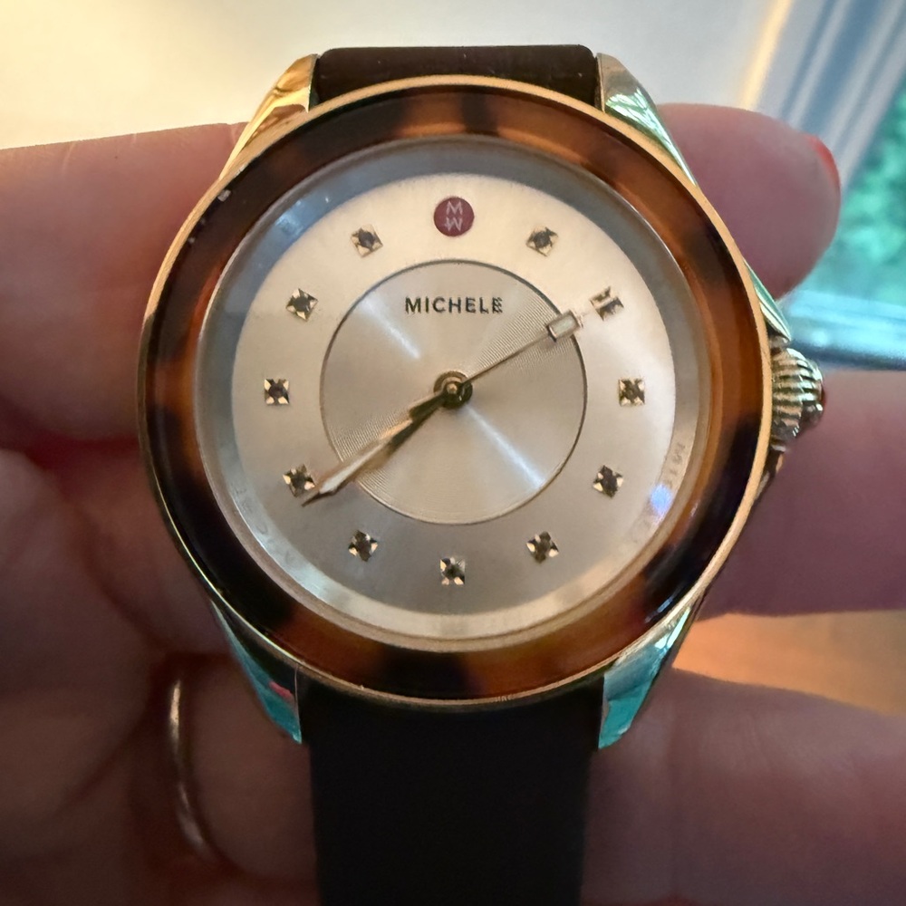 Michele Gold-Tone Watch with Tortoiseshell Bezel and Black Strap